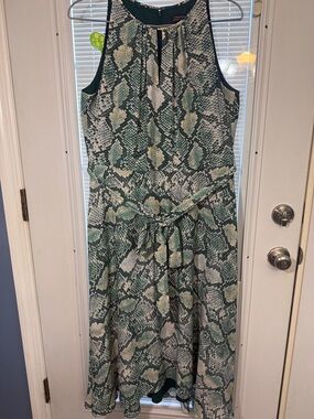 Tahari ASL Green and Cream Snake-Print Sleeveless Midi Dress